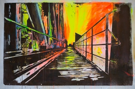 Stanley Dock Bridge - Acryl-Malerei, oxidierter Rostlack und Druck auf Leinwand. 179 × 119 cm