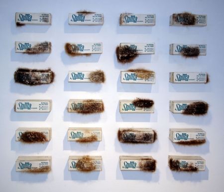 Mirjam Elburn: Biester, 2009, Installation: 24 Seifenkisten mit Menschenhaar durchfilzt, Einzelkiste: ca.10 x 30 x 15 cm (auf Wand 160 x 180cm)