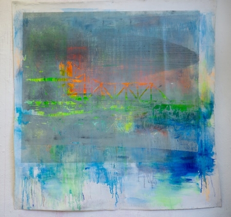 Stanley Dock Bridge - Druck und Acryl-Malerei auf Leinwand. 138 × 140 cm