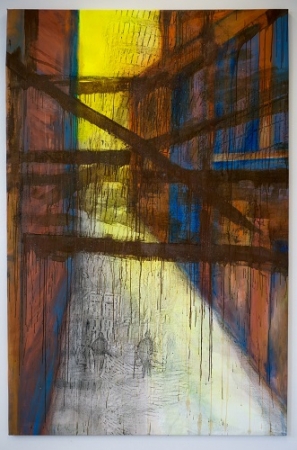 Docks in Liverpool - Acryl-, Sprühfarbe, Frottage mit Kreide, oxidierter Rostlack auf Leinwand. 135 × 205 cm